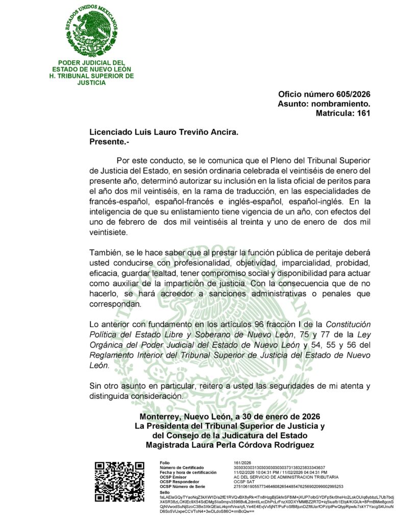 Nombramiento oficial del Perito Traductor otorgado por el Tribunal Superior de Justicia del Estado de Nuevo León para el idioma inglés