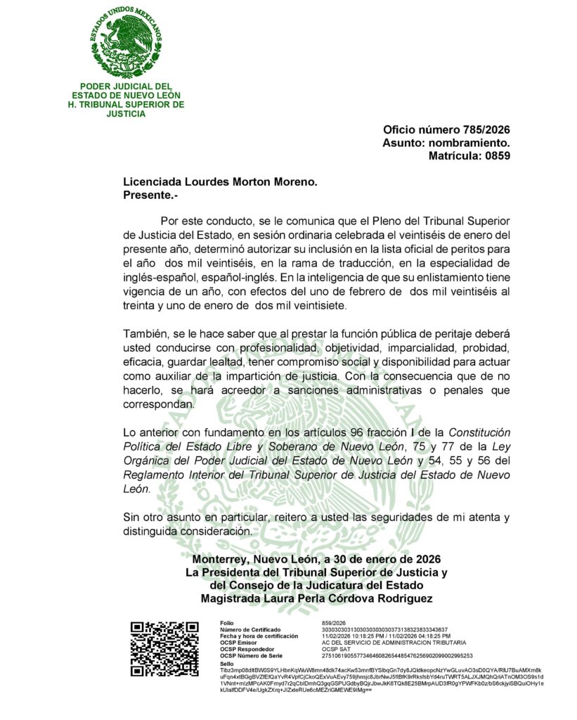 Nombramiento oficial del Perito Traductor otorgado por el Tribunal Superior de Justicia del Estado de Nuevo León para el idioma inglés